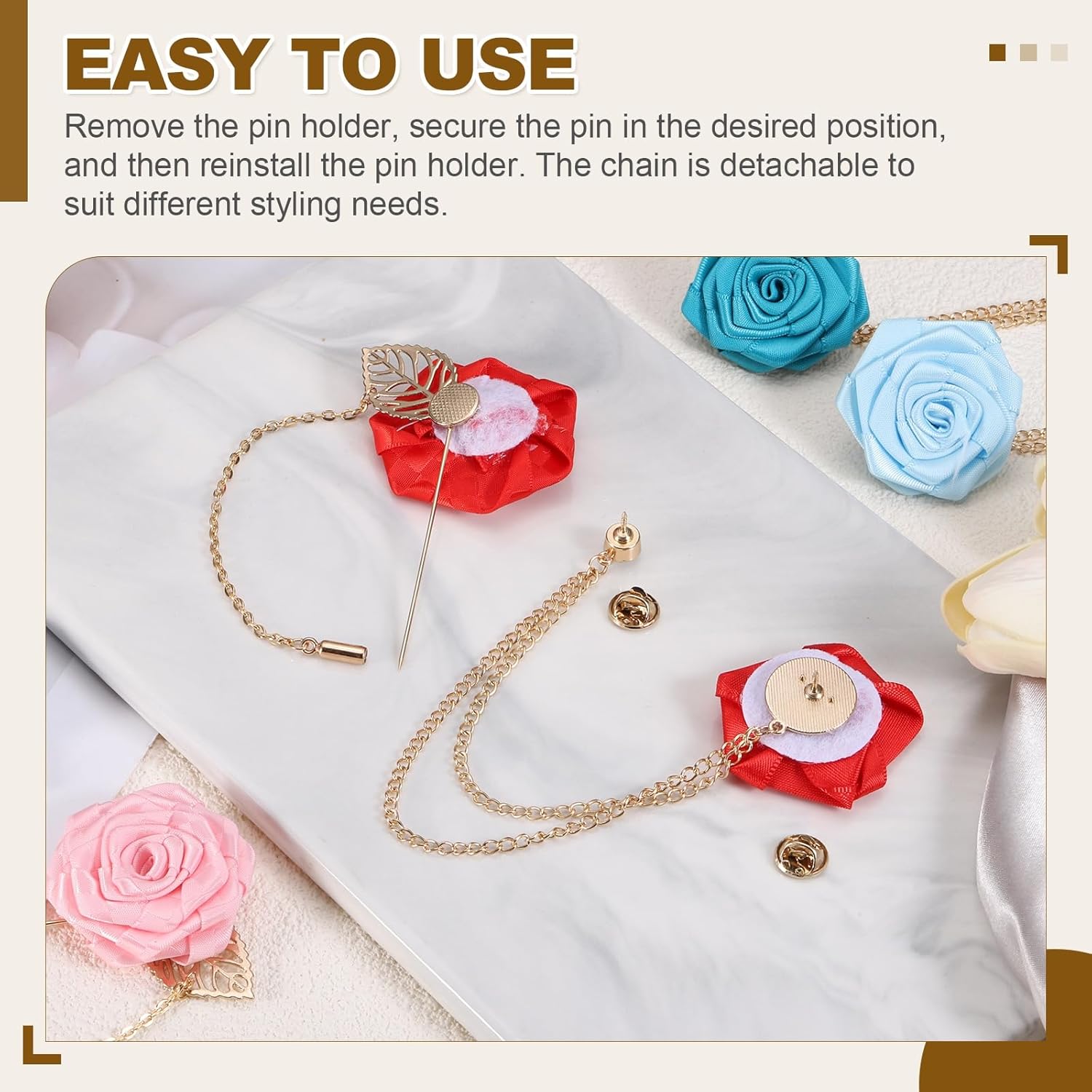 PATIKIL Rose Flower Lapel Pin for Men, 2 Style Solid Cloth Rose Brooch Kit Gold Leaf Boutonnieres Stick Brooch for Men Suit