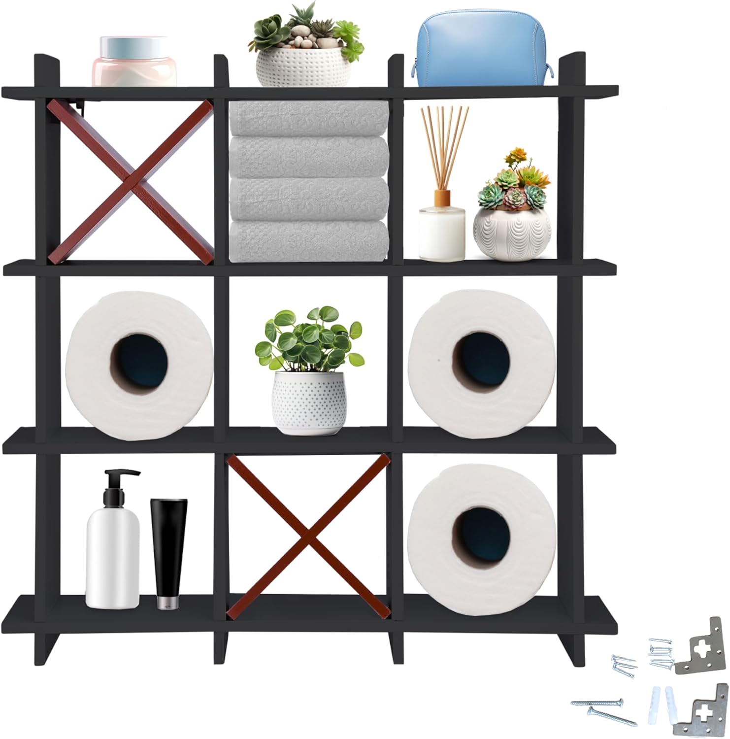 Noa Store Wooden Tic Tac Toe Toilet Paper Holder - Unique Wall Mount Cabinet Decorative Shelf - Funny Novelty Bathroom Decor and Storage Stand for Tissue Roll - Black with Red Cross, H5xL20xW20 inches