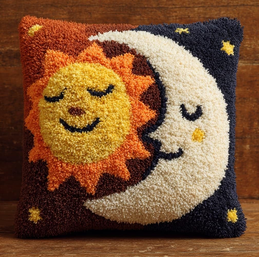 Henypt 17x17 Inch Latch Hook Kit,Smiling Sun and Moon DIY Tapestry Rug Craft,Needlework Cushion Set,Pre-Cut Yarn & Printed Canvas Kit for Home Wall Decor