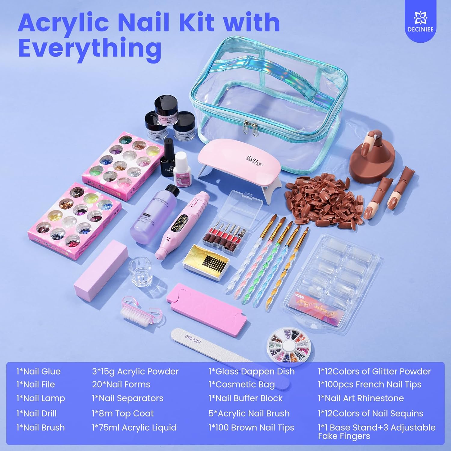 Nail Kit for Beginners with Everything: Professional Nail Acrylic Powder Liquid Set with Practice Finger Drill U V Light in Makeup Bag for Women Salon Home (Blue)