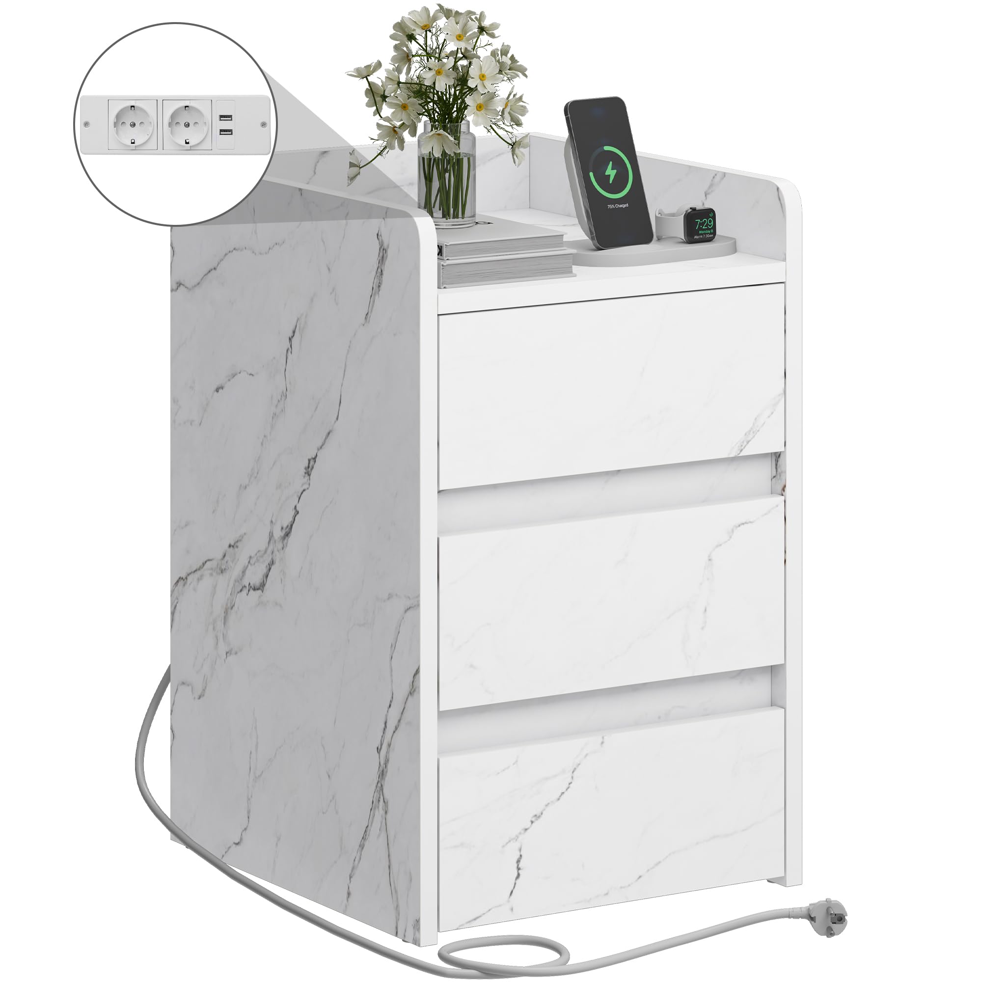 Comodino YITAHOME 3 Cassetti Con Ricarica USB - Tavolino Notte Con Prese Elettriche, Design Moderno