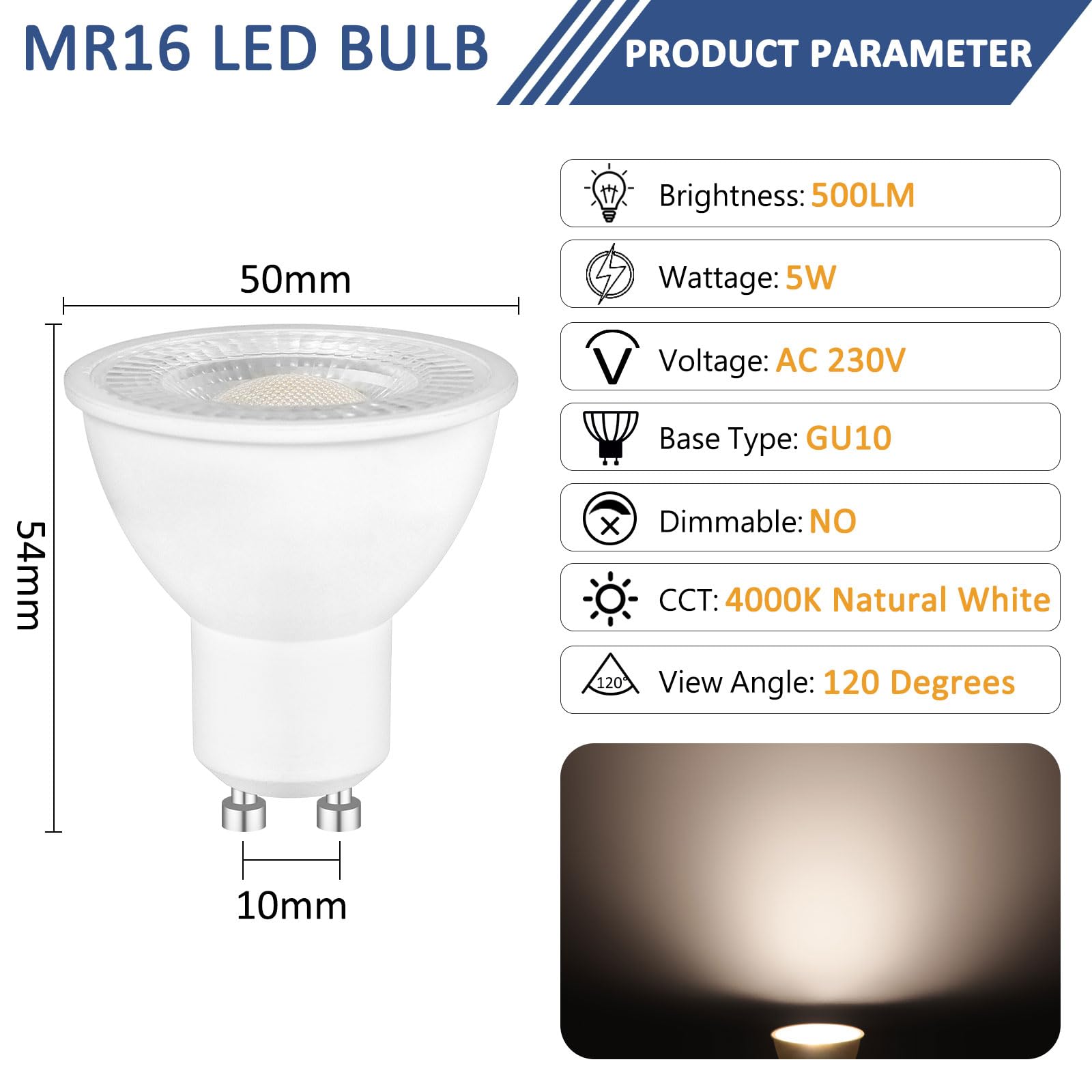 6 Pack GU10 LED Bulbs 5W Reflector Bulb, Natural White 4000K, Equivalent to 50W 35W Halogen Spotlight Bulb, 500LM - Image 2