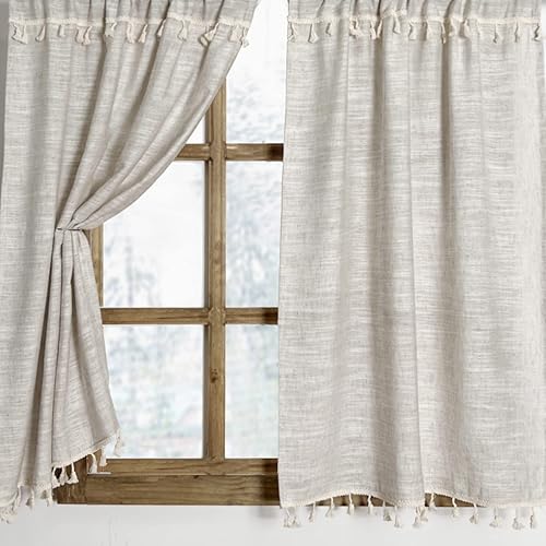 Miniatura 6 de Cortinas de cocina bohemias con borlas de 36 pulgadas de largo modernas cortinas cortas de lino de algodón para baño ventana pequeña estilo rústico
