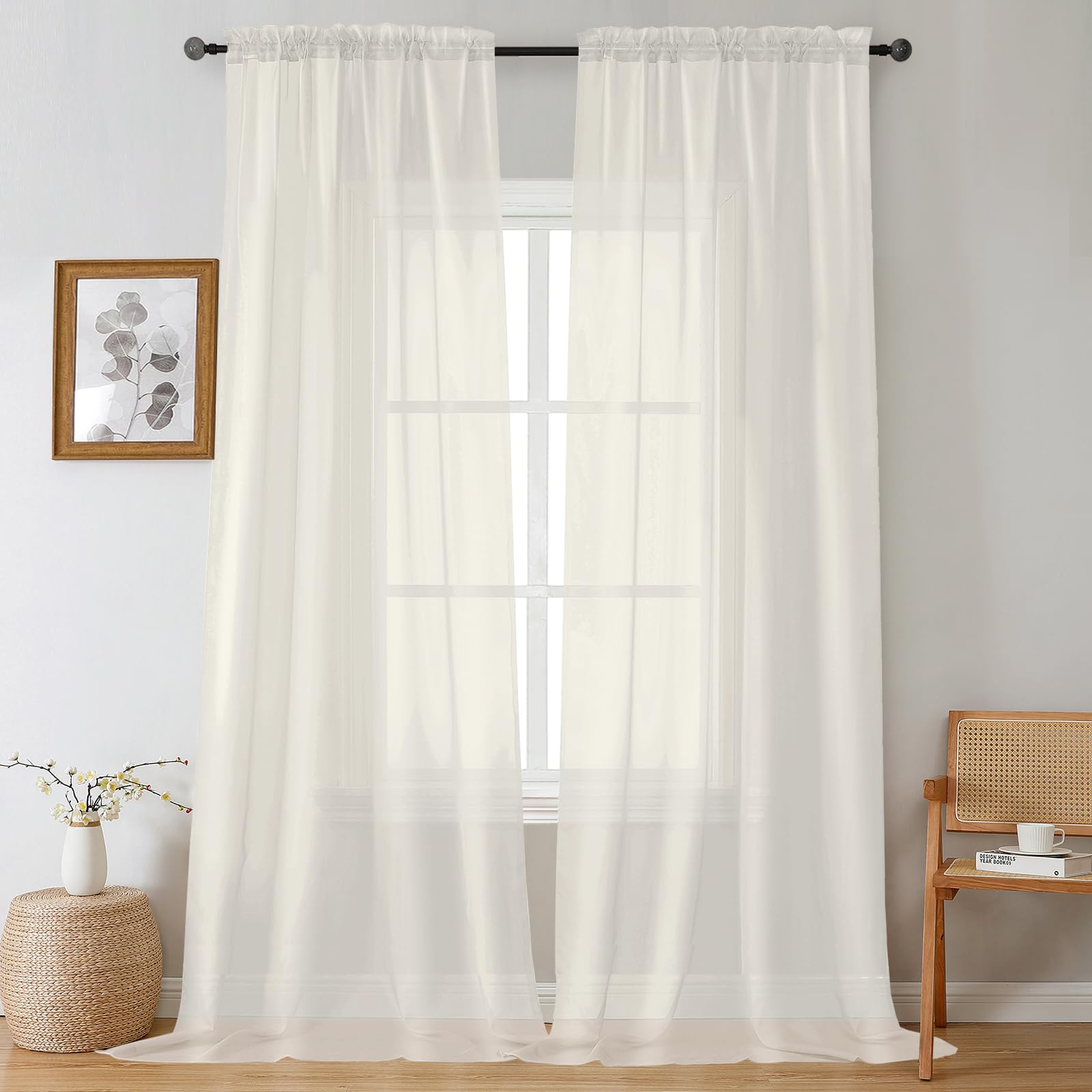 Gwine Extra Long Ivory Sheer Curtains 120 Inches Long 2 Panels Set, Voile Light Filtering Window Drapes for Patio Door/Birthday Party/Hallway Window