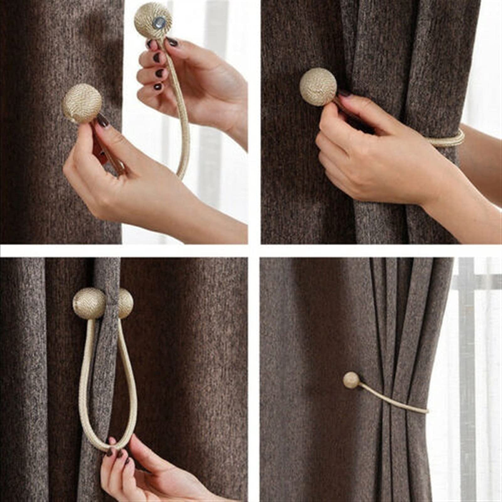 Embrasses de rideaux magnétiques, 2 pièces, rouleau coloré, accessoires, support, Clip retenue, sangle à boucle(Light Khaki)