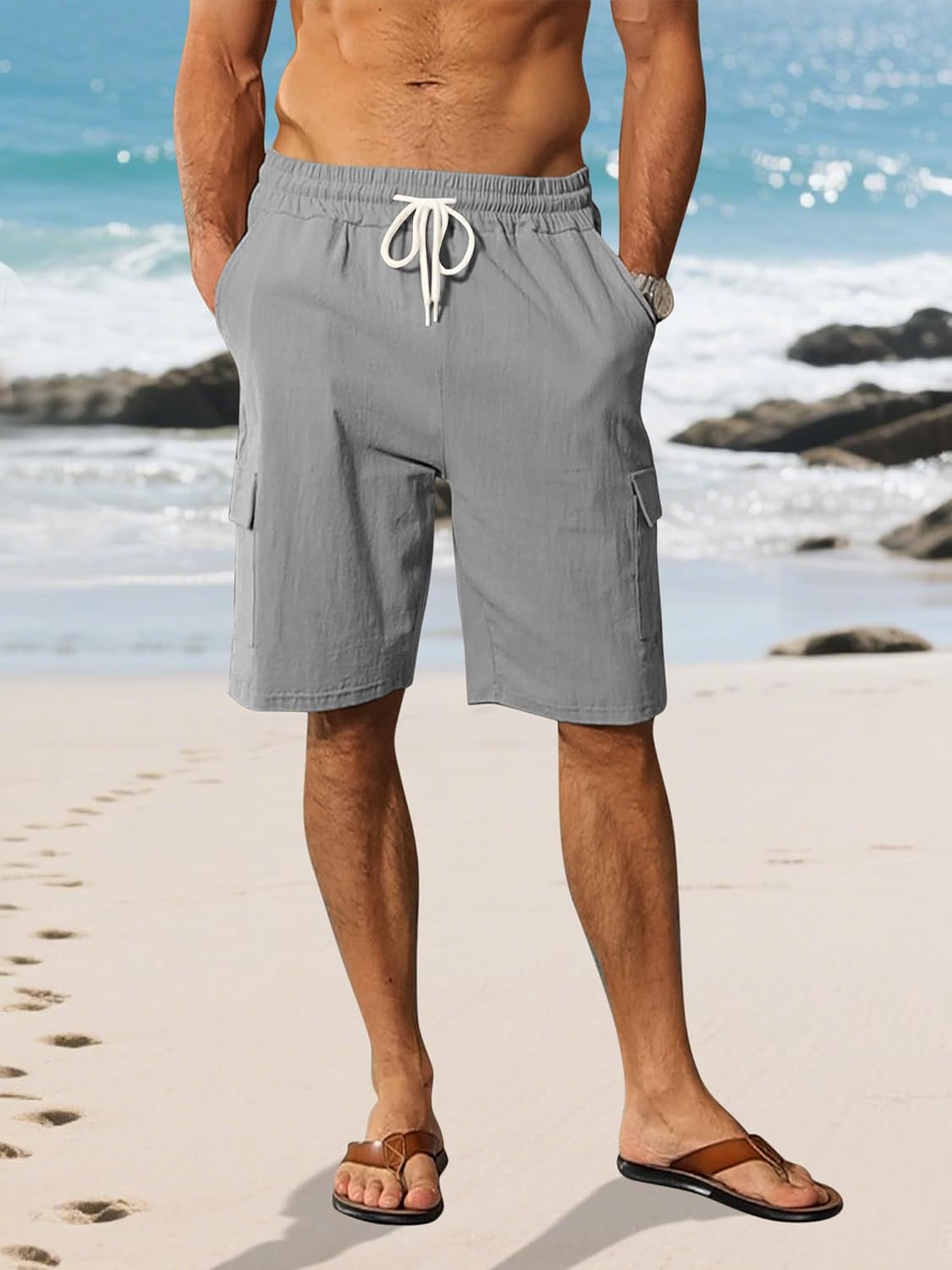 Mens Linen Shorts Casual Summer Beach Shorts Elastic Waist Drawstring Cargo Pants with Multiple Pockets - Image 4