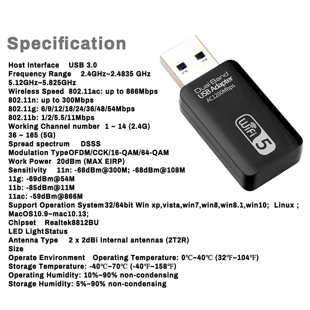 Adaptateur USB sans fil double bande Carte réseau WiFi 2.4G 5G Interface hôte AC1200Mbps USB3.0