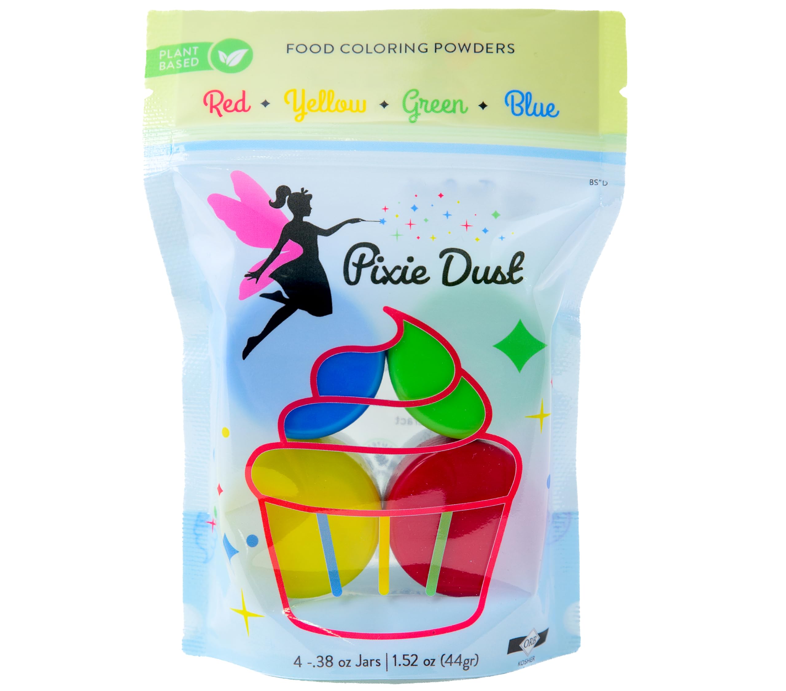 Dye-Free Food Coloring Powder set - Red, Blue, Green and Yellow. | Perfect for cake decorating, cookie frosting, icing & drinks | Plant-Based, All-Natural, Kosher, Flavorless | No Carmine, No Annatto | By PIXIE DUST | Large .35 oz Each Color 1.4 oz - 44gr Total.