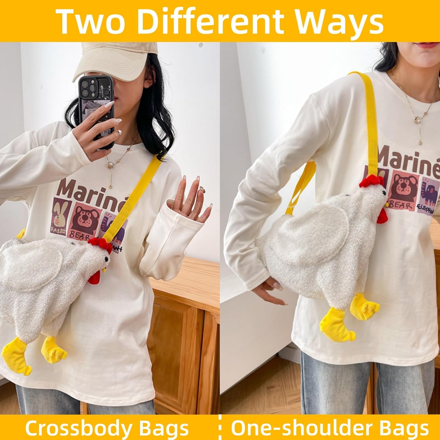 2 Pack Chicken Purse, Cute Chicken Fluffy Shoulder Handbag, Plush Animal Crossbody Bag Rooster Bag with Adjustable Strap for Women - Image 7