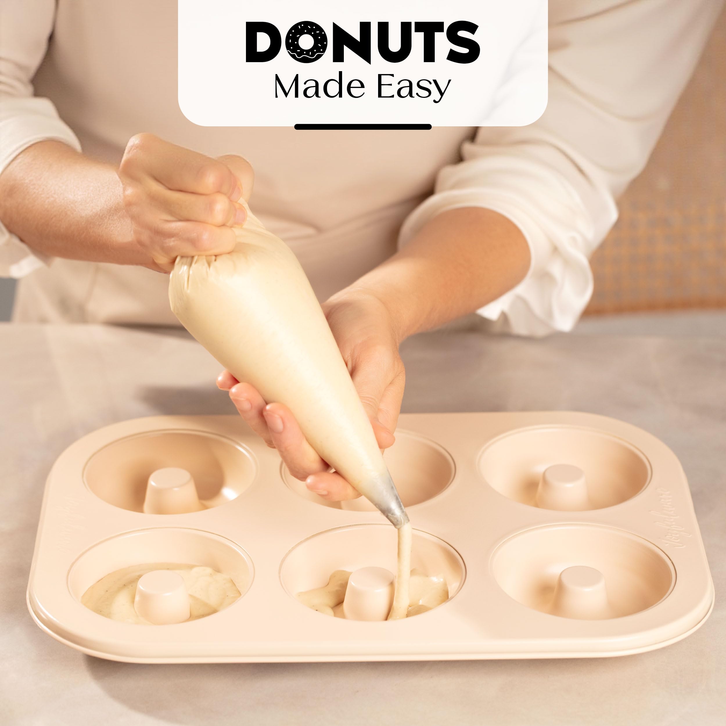 Molde para donas para hornear, juego de 2 moldes antiadherentes para donas, de acero al carbono, 6 cavidades de tamaño completo para hornear, molde para hornear de donas beige a la moda 5