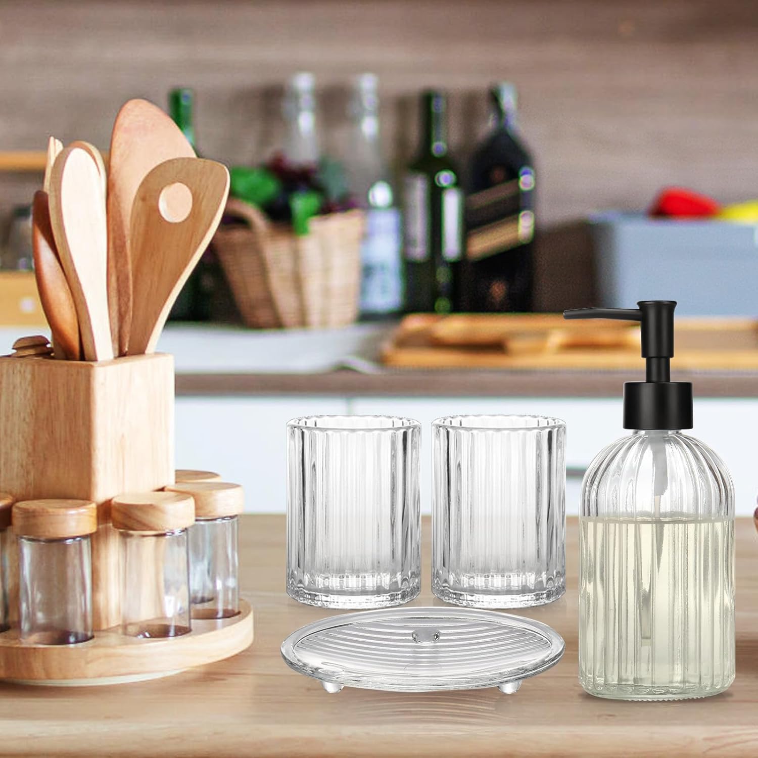 Topsky Glass Bathroom Accessories Set of 4,Clear Vertical Stripe Design with 400ml Liquid Hand Soap Dispenser,Toothbrush Holder,Mouthwash Cup,Soap Dish for Bathroom Countertop