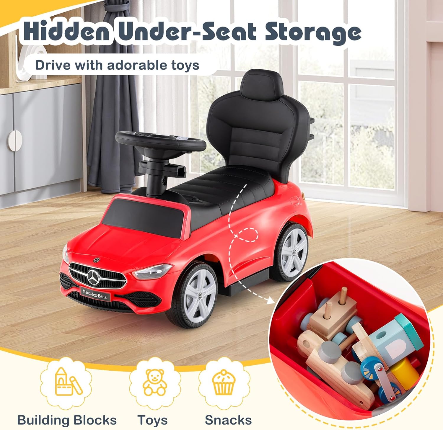Image showing the hidden under-seat storage compartment of the push car, with toys and snacks inside.