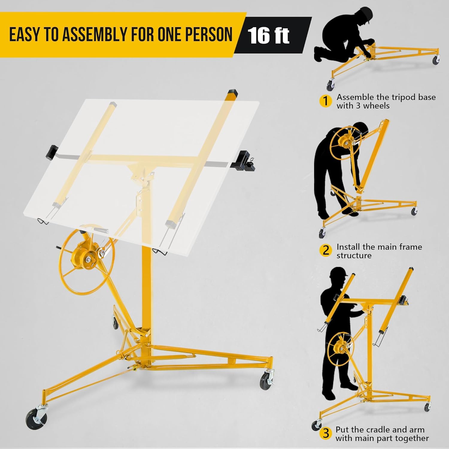 16Ft Drywall Lift, Heavy-Duty 150 LBS Capacity Drywall Sheetrock Hoist with Wheels, 360° Adjustable Drywall Lift Jack, Sheet Ceiling Lift for Home Improvement(Yellow)