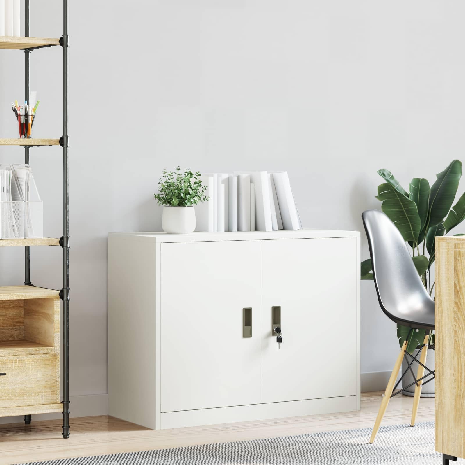 Armario de almacenamiento blanco de acero 90 x 40 x 70 cm con puertas con cerradura, ideal como armario de oficina, archivador, archivador, archivador, archivador colgante y pila de papel en