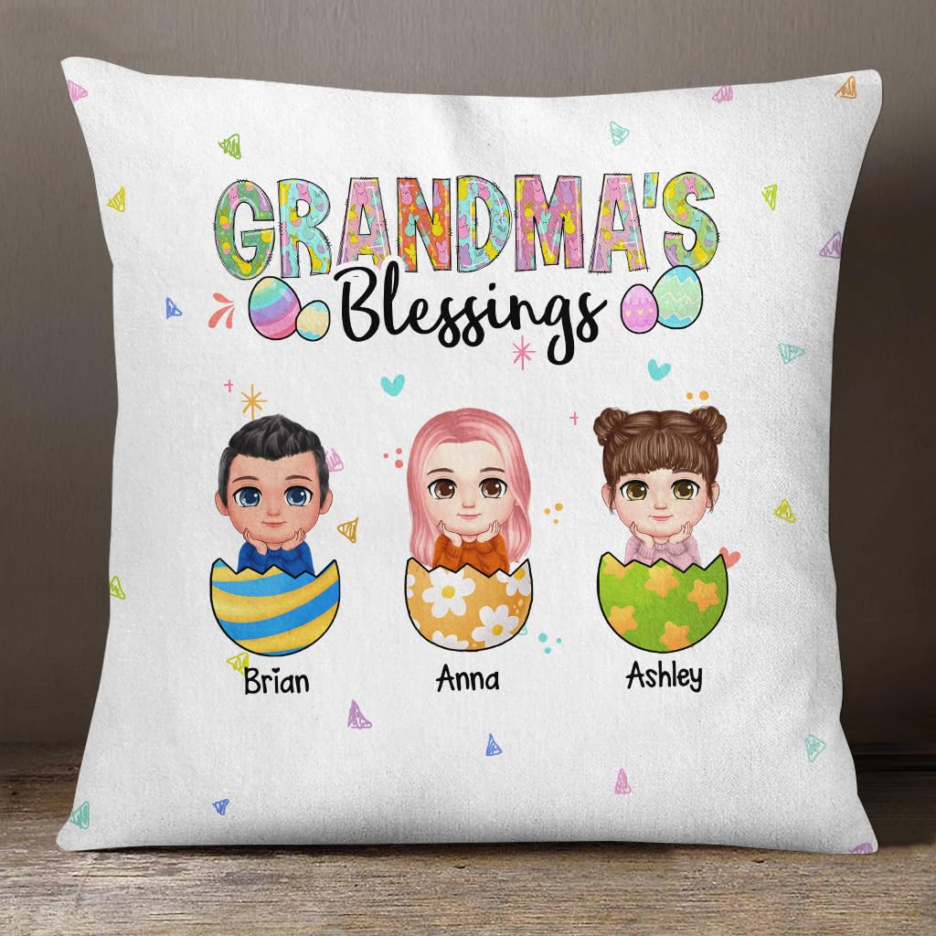 Unique Gifts for Grandma, Grandma's Blessings Easter Eggs Funny 3 Kids, Personalized Square Pillow, Gifts for Nanny Grandma from Mom Dad Family, Sofa Couch Cushion, Gifts for Easter Day