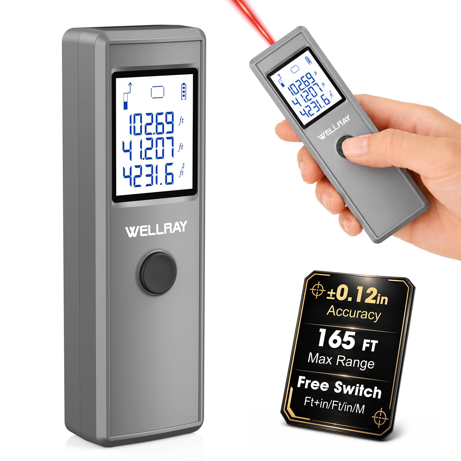 Laser Measuring Tool, 165FT/50M Laser Measure Tool with 1/8" Accuracy, IP54 Laser Distance Meters with Ft+in/FT/in/M for Area/Volume, Laser Measurement Tool for DIY Indoor, 2 AAA Batteries