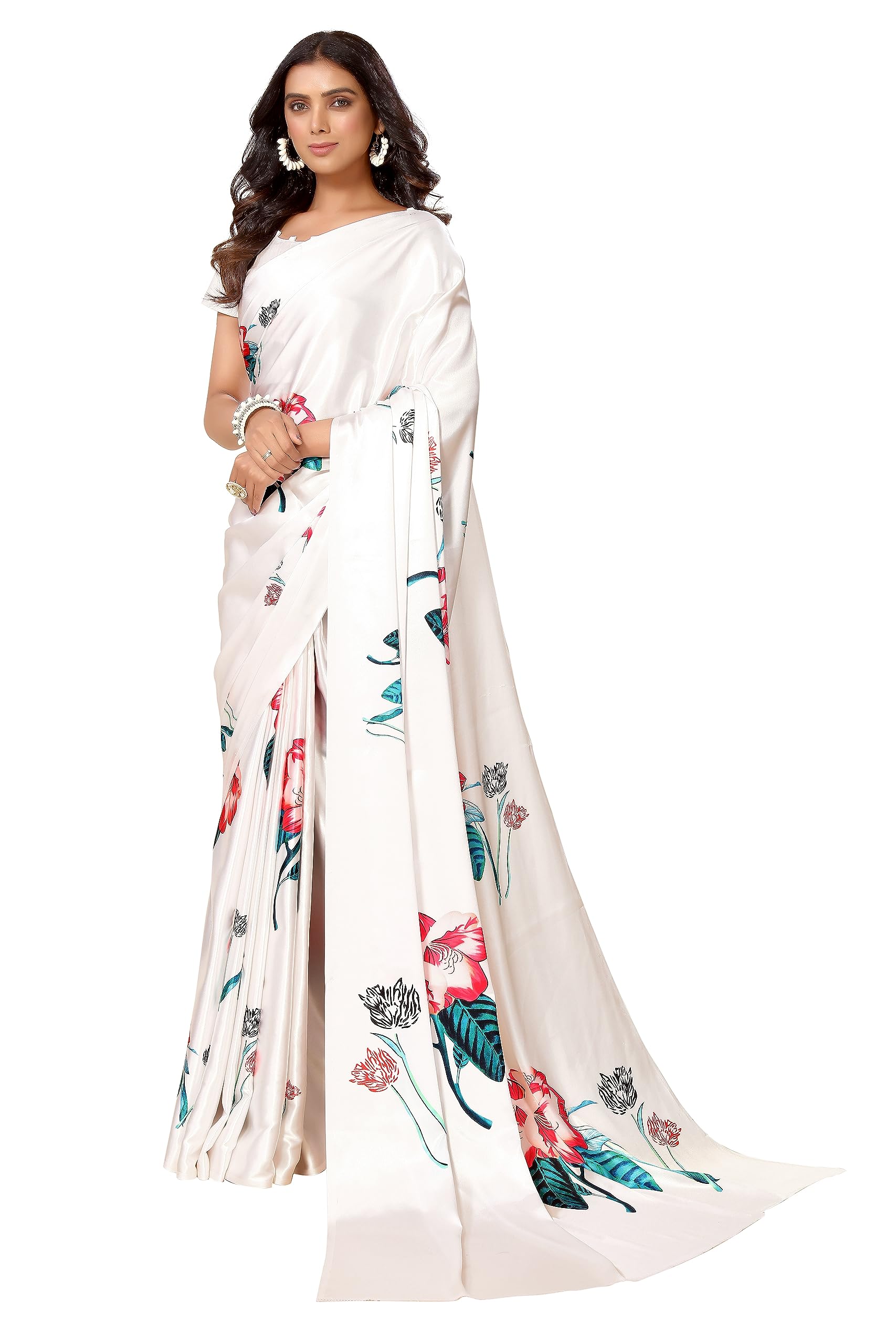 Women's Floral Peach Colour Satin Saree with Unstitched Blouse Piece-image-11