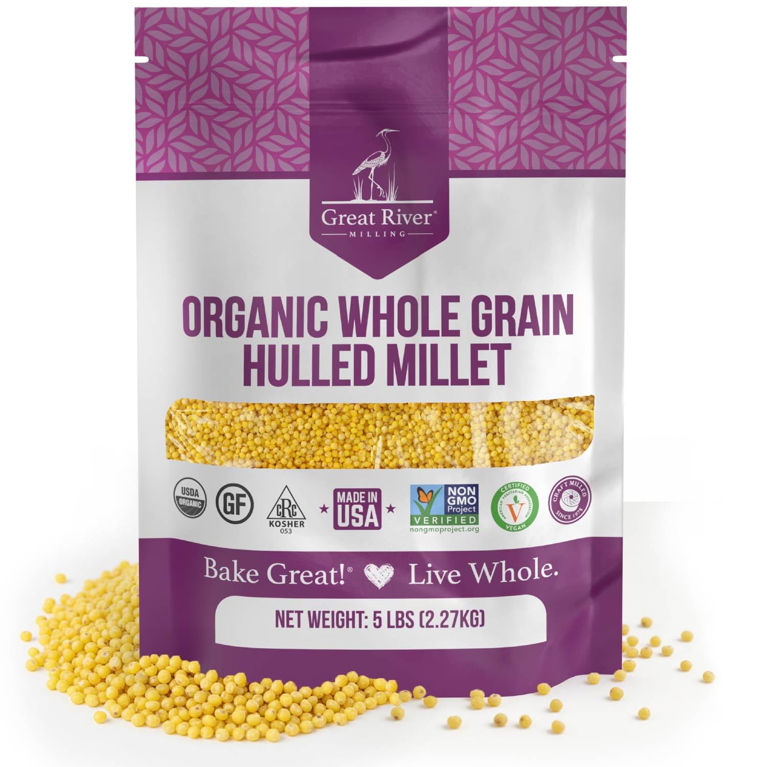 Great River Milling Organic Hulled Millet | Whole Grain Ancient Grain | Gluten-Free, High-Fiber Superfood | Non-GMO, Kosher Certified | Ideal for Salads, Porridge & Baking | 5 Lb