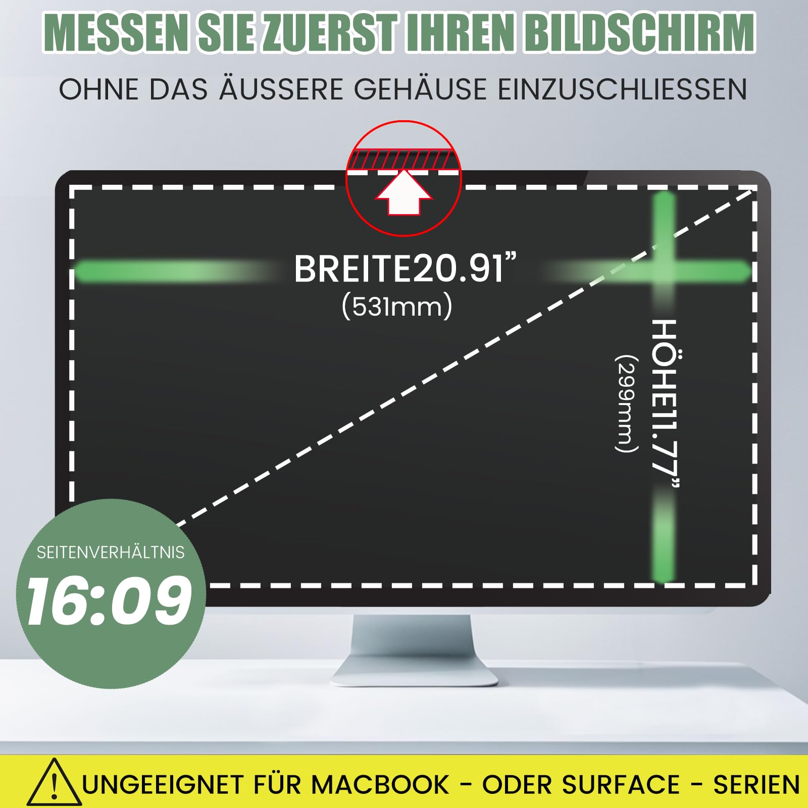 Blickschutzfolie für 24 Zoll 16:9 Monitor, Abnehmbarer Sichtschutzfilter mit Blaulichtfilter, HD Privacy Screen mit Anti-Glare & Blendschutz, Breite x Höhe: 531 mm x 299 mm