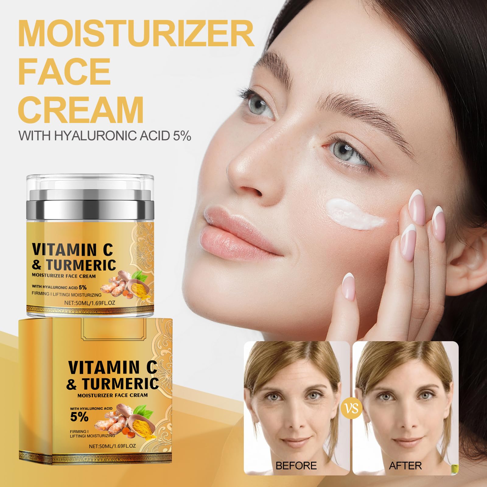 Crema viso con curcuma e vitamina C, idratante anti-invecchiamento per donna, con acido ialuronico e collagene, crema alla curcuma per macchie brune, tinta irregolare, rughe sottili, cura quotidiana