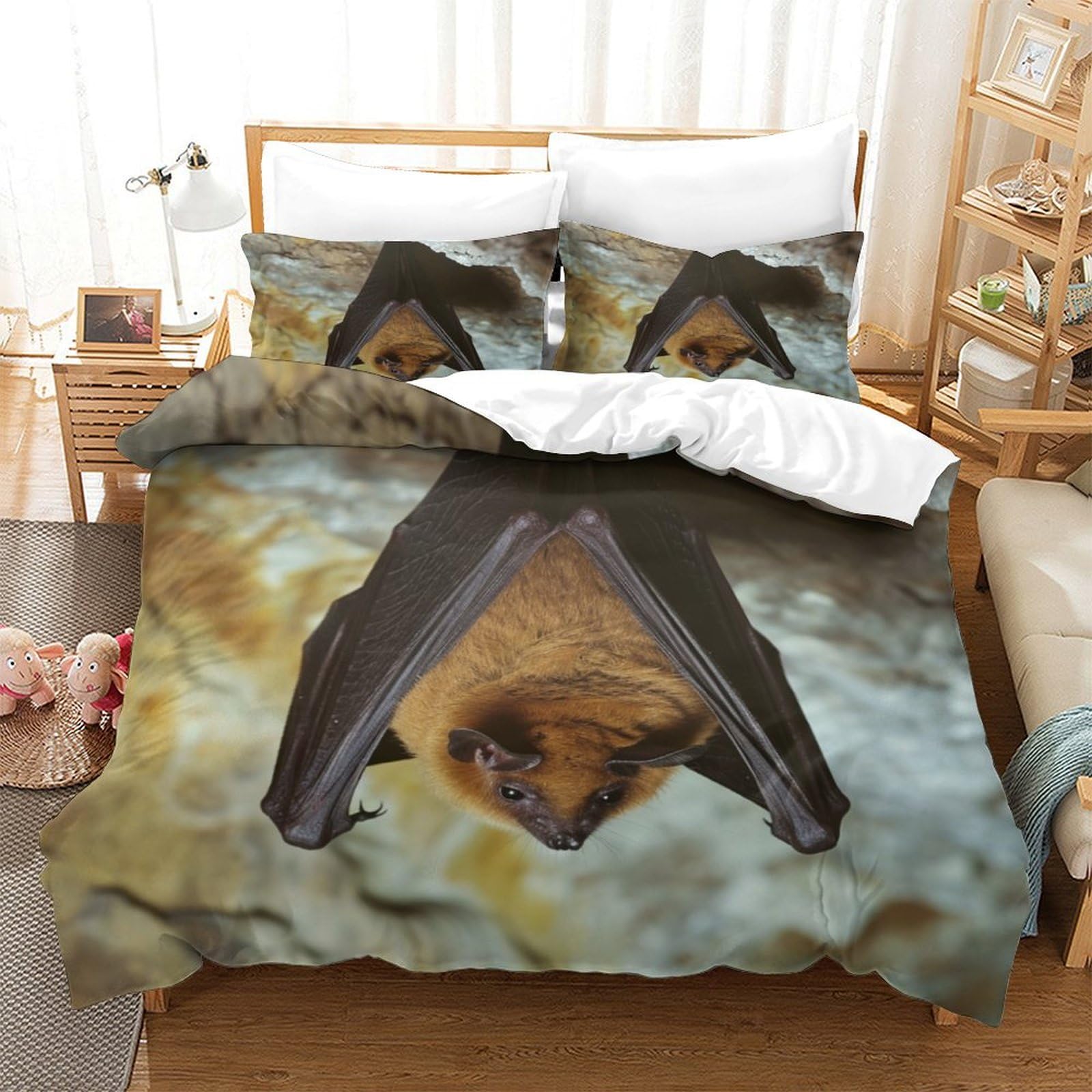 P1S9U7W5Y Realistic 3D Printed Bat Duvet Cover Set 3pcs Microfiber Bat Bedding Set King