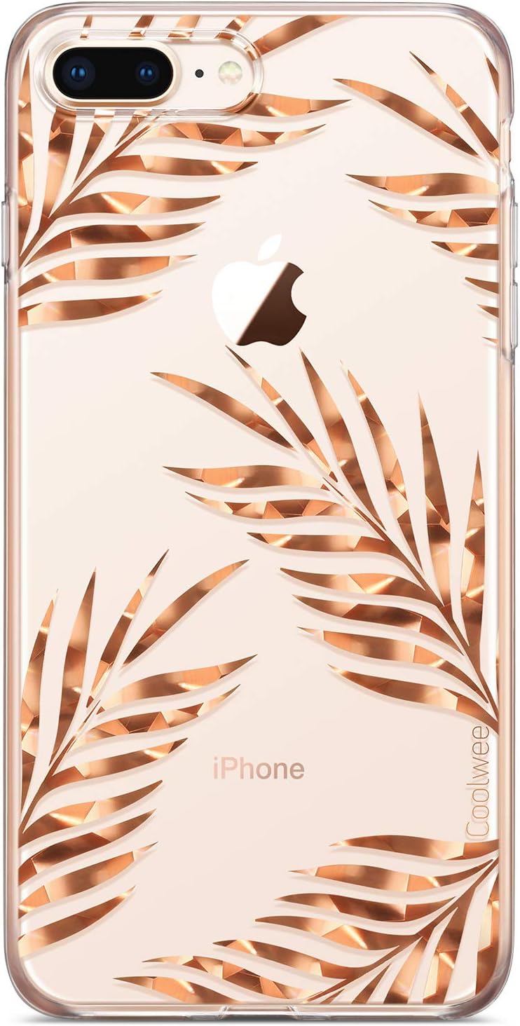 COOLWEE iPhone 7 Plus Case,Clear iPhone 8 Plus Case Rose Gold Floral Shiny Glitter Foil Thin Cool Slim Flower Protective Soft TPU Bumper for Apple iPhone 7 Plus 8 Plus 5.5 inch (Spackle Series) Leaves
