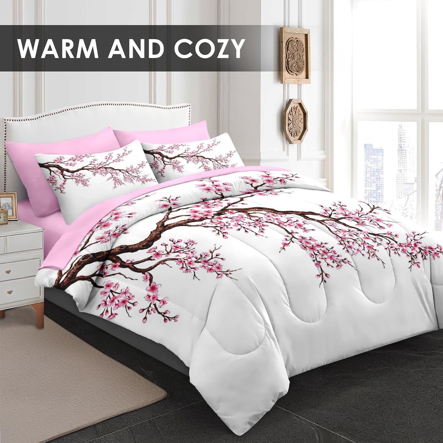 Pamnest Comforter Set King Size, Japanese Cherry Blossom 7 Pcs Bedding for Kids and Adults, Flower Painting Pink Bed Sheet Sets with Fitted Sheet 2 Pillowcase & 2 Sham for Bedroom Bed Decor