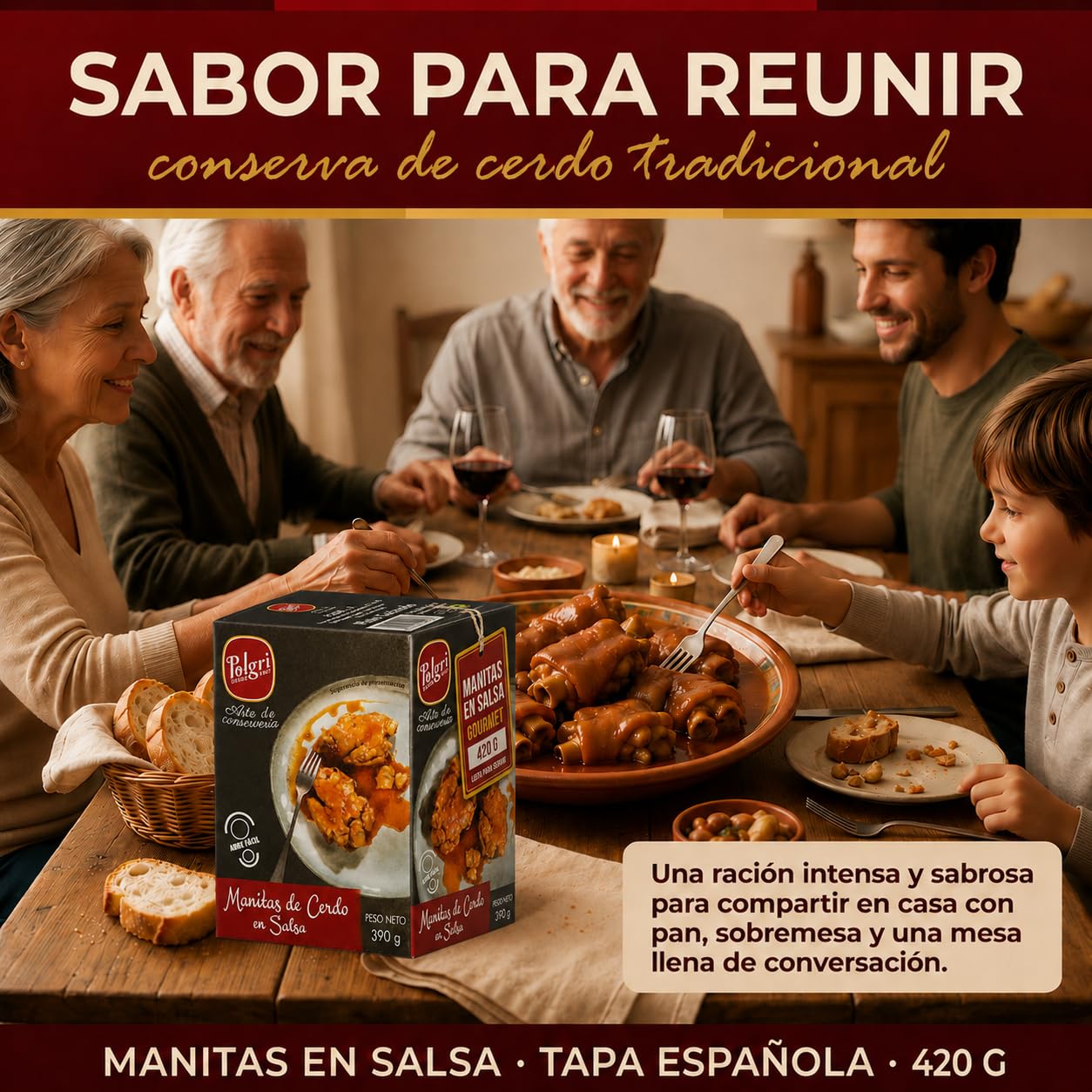 POLGRI Manitas de Cerdo en Salsa 420 g x 3 Latas Receta Tradicional La Mancha Colágeno Natural