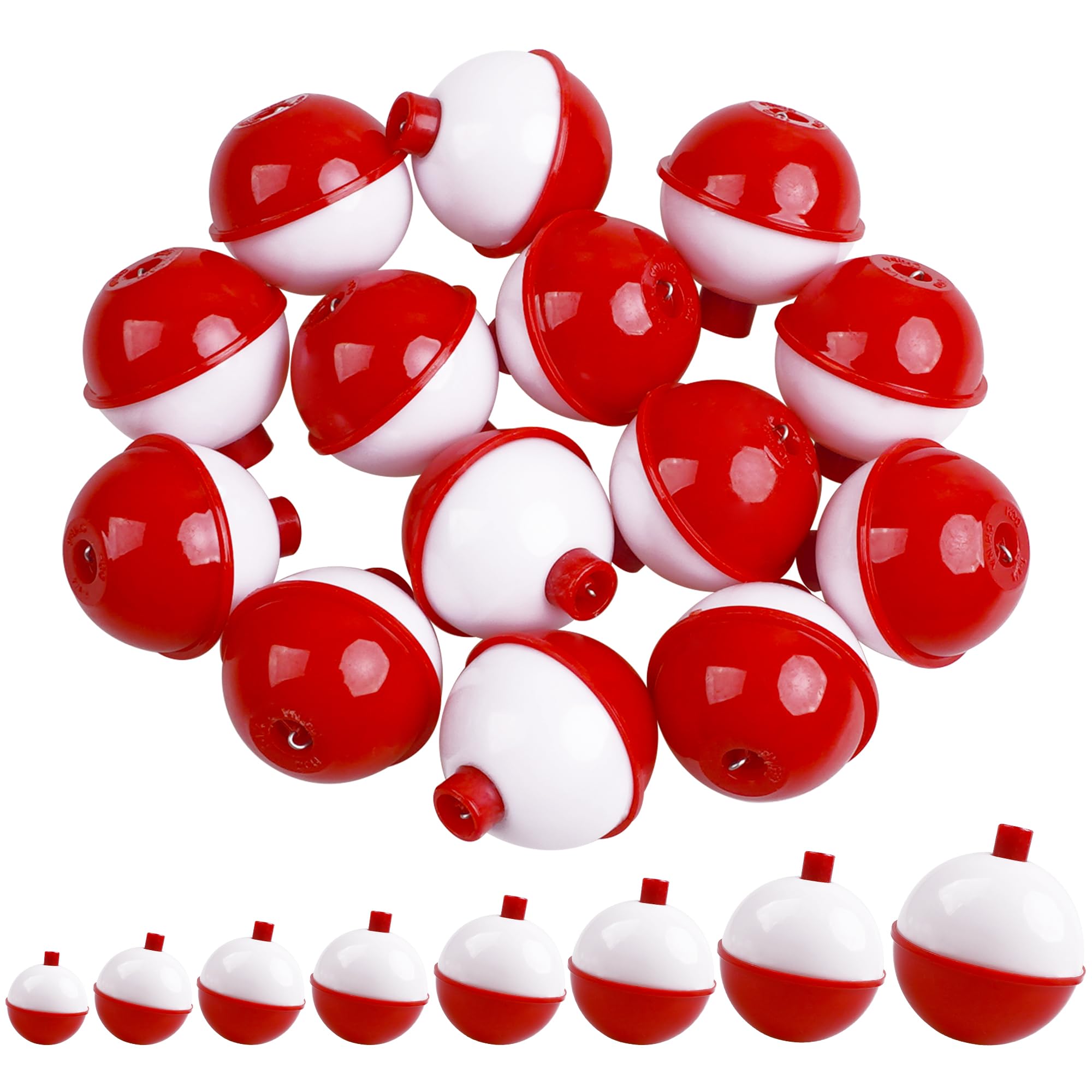 JOGFFDE Fishing Bobbers Floats Assortment - 15PCS Round Fishing Bobbers ABS Fishing Bobber Bulk Snap on Float Red White Bobbers Push Button Bobbers