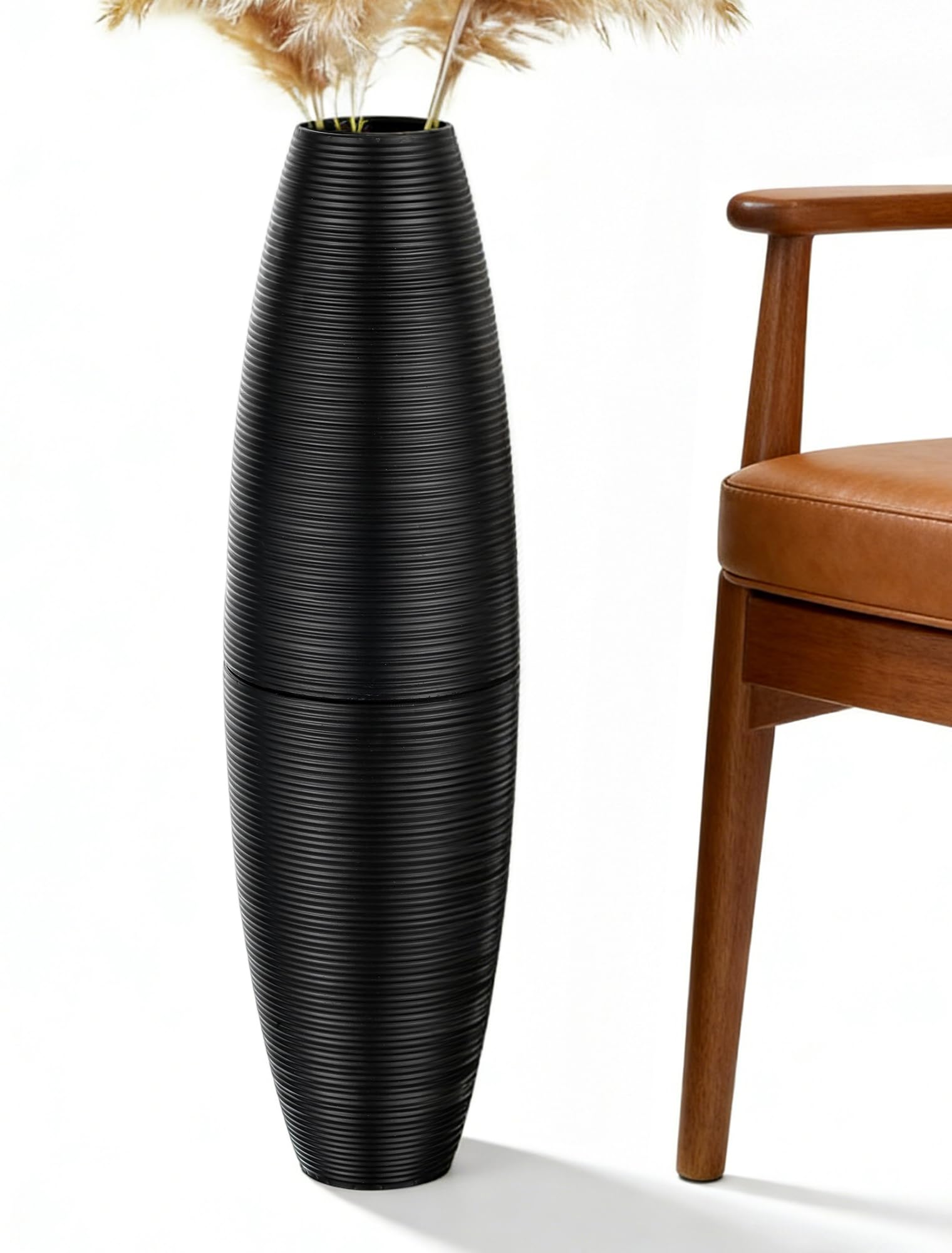 Sziqiqi Schwarz Bodenvase Groß 70cm: Metall Große Vasen für Boden für Wohnzimmer Flur Esszimmer Kaminkonsole Deko - Modern Rippen Bodenvasen Hoch für Pampasgras Trockenblumen Dekozweige Federn