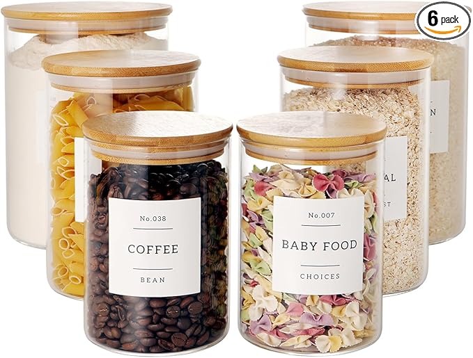 Set of 6 Glass Flour and Sugar jars with 132 Kitchen Pantry Labels
