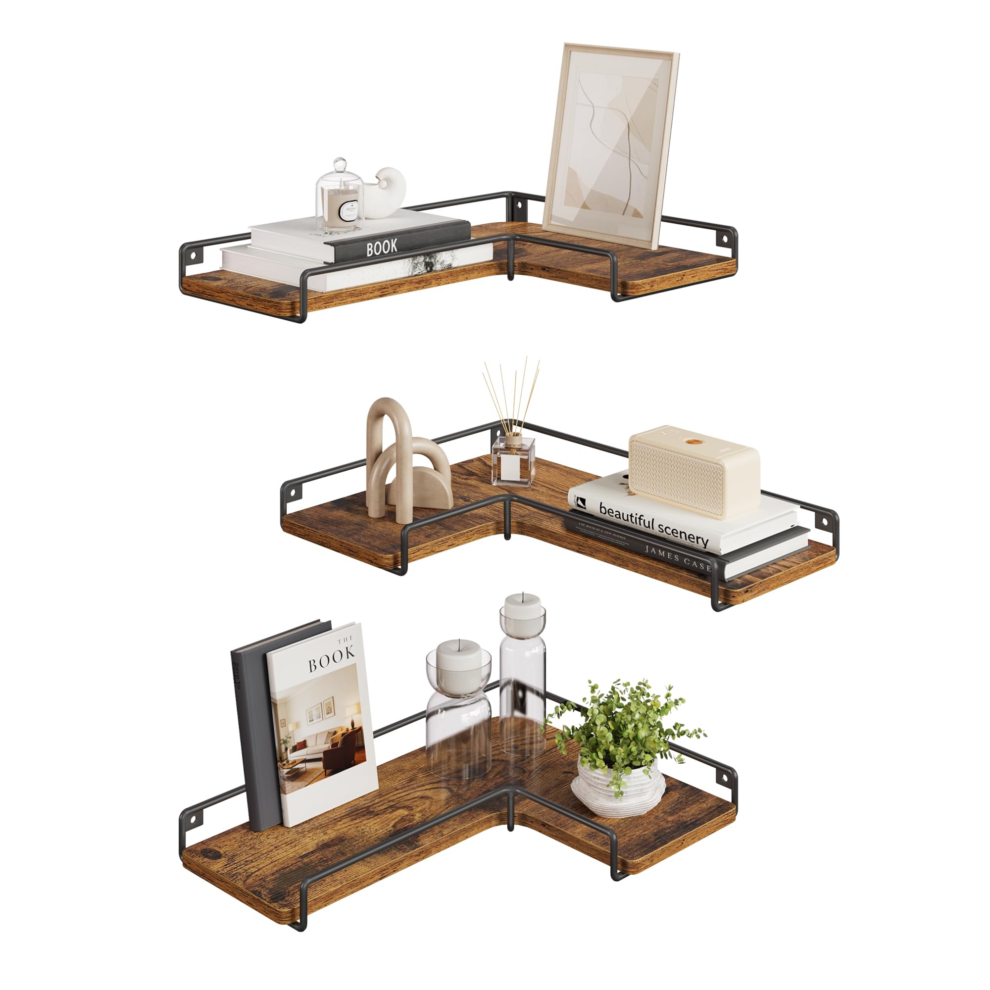 Set of 2 L-Shaped Floating Shelves, Rustic Brown / Set of 3