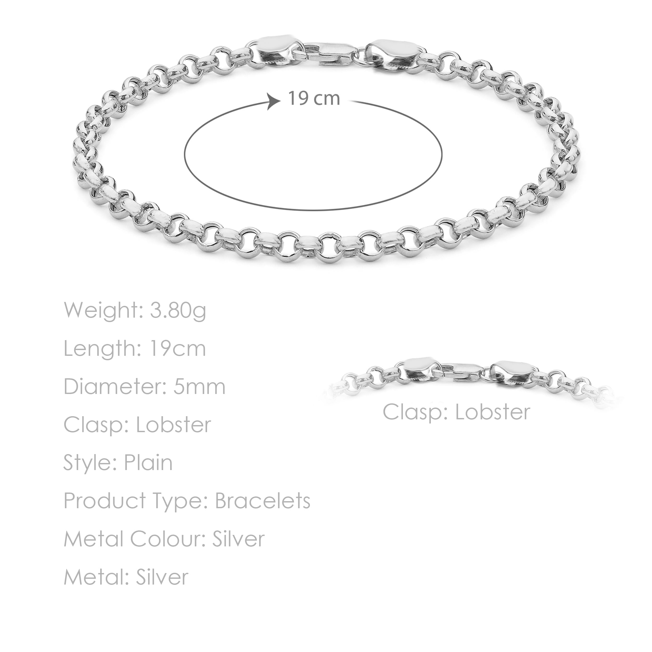 Tuscany Silver Pulsera de plata de ley 925 con cadena tipo Belcher de eslabones redondos. Longitud 19cm. de mujer