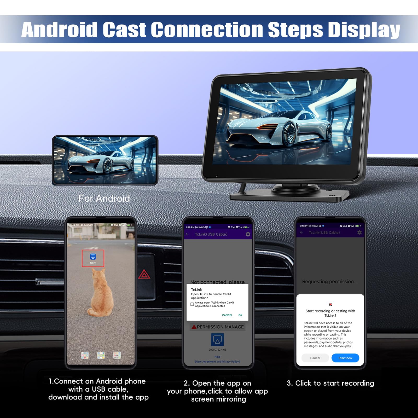 Telecamera Posteriore Set di 2 Telecamere Cablate, Monitor IPS HD da 7 Pollici 4K DVR con Android Cast, Impermeabile IP68, Registrazione, Monitoraggio del Parcheggio, Linee di parcheggio