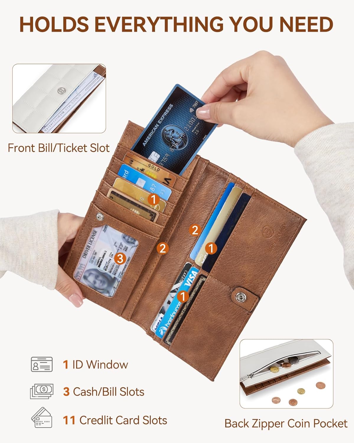 BOSTANTEN Slim Women Wallet Leather RFID Credit Card Holder Bifold Ladies Wallets with Zipper Coin Pocket, Beige and Brown - Image 3