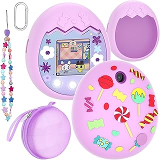 [4 in 1] Tamagotchi Pix Case Specifically for Tamagotchi Pix(42902) Interactive Virtual Pet Game Machine,with Beautiful Chain Bracelet,Hard Carrying Case and Exquisite Carabiner(Purple)