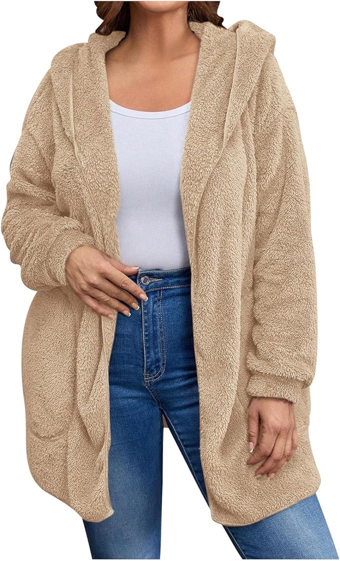 Women's Sherpa Fuzzy Jacket Hoodie Open Front Fleece Hooded Jackets Cardigan Warm Outerwear Fall Coat with Pockets