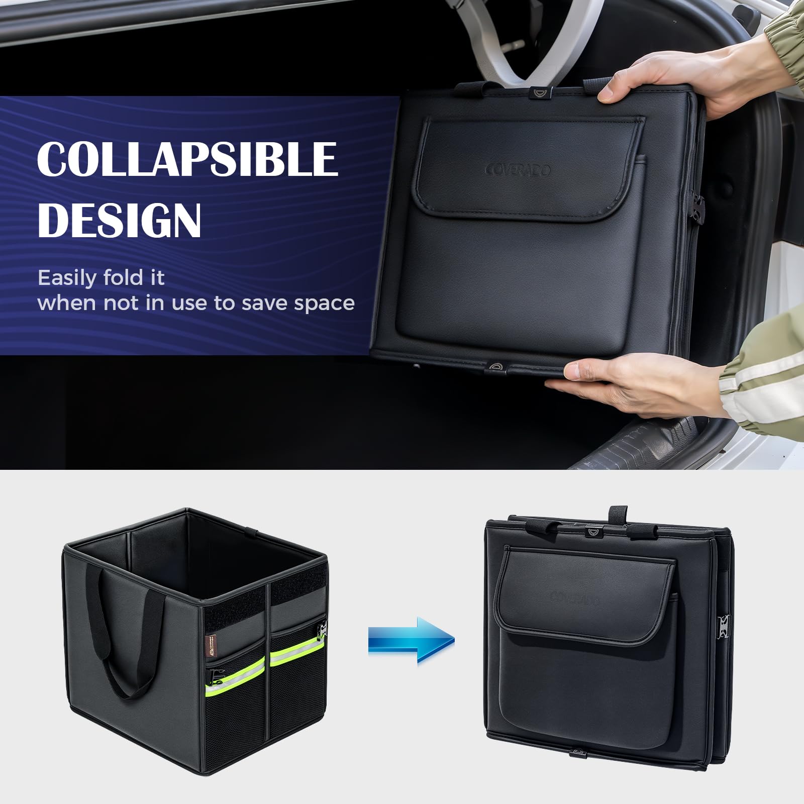 Coverado Borse per bagagliaio auto - Pelle Nappa Organizzatore auto 30L Auto Stoccaggio Scatola Portaoggetti per SUV/Camion, Pieghevoli & impermeabile, Multicompartimenti, Divisori & Fissare 2 cinghie