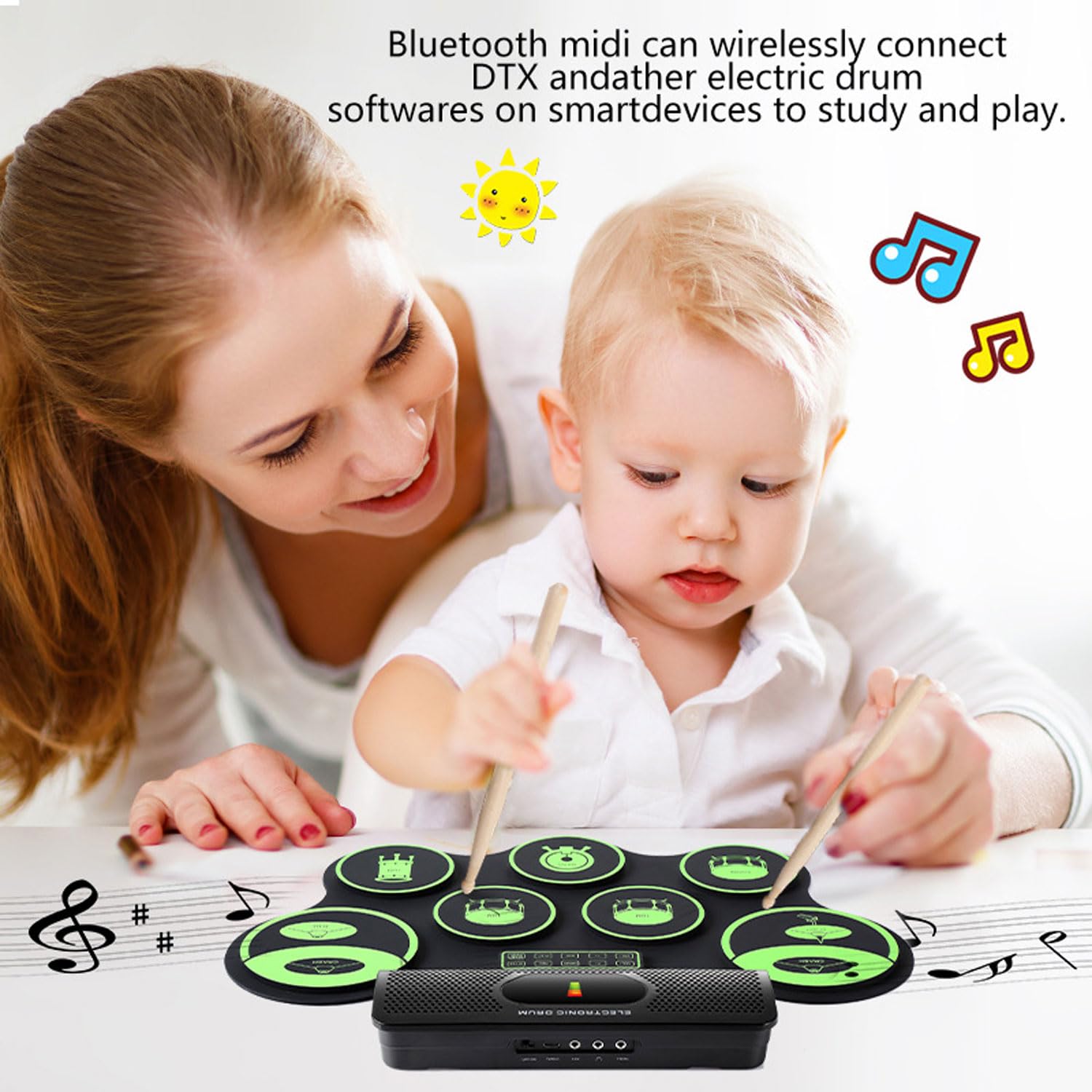 Batería Electrónica De 7 Pads, Instrumento De Percusión Somatosensorial Portátil, Pad De Práctica De Batería Enrollable con Pedales De Batería Y Baquetas, Altavoz Incorporado, Bluetooth Midi