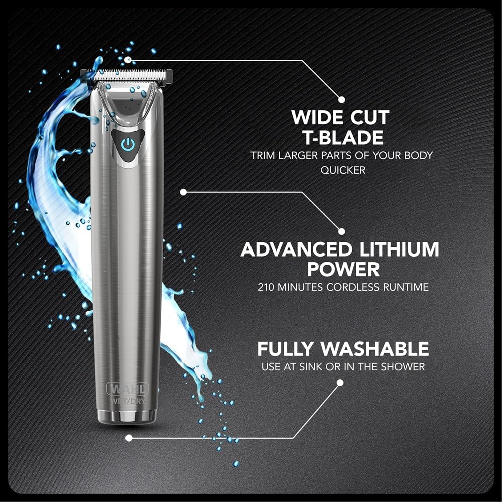 Wahl Washable Stainless Steel Multigroomer, tondeuse à barbe et cheveux pour hommes, tondeuse à domicile, tondeuse nez-oreilles, set de toilettage pour hommes, entièrement lavable, sans fil