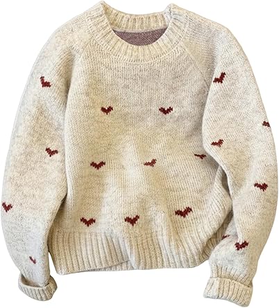 GORGLITTER Womens Heart Sweater Casual Crew Neck Long Sleeve Loose Fit Knit Sweaters Pullover Top
