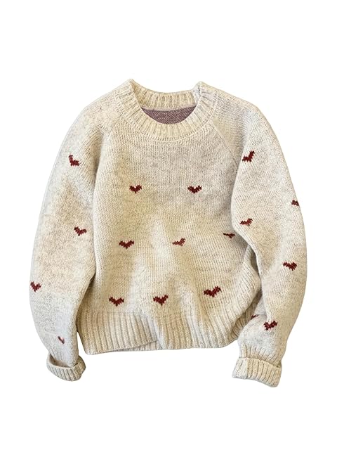 GORGLITTER Womens Heart Sweater Casual Crew Neck Long Sleeve Loose Fit Knit Sweaters Pullover Top