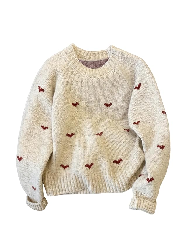 GORGLITTER Womens Heart Sweater Casual Crew Neck Long Sleeve Loose Fit Knit Sweaters Pullover Top