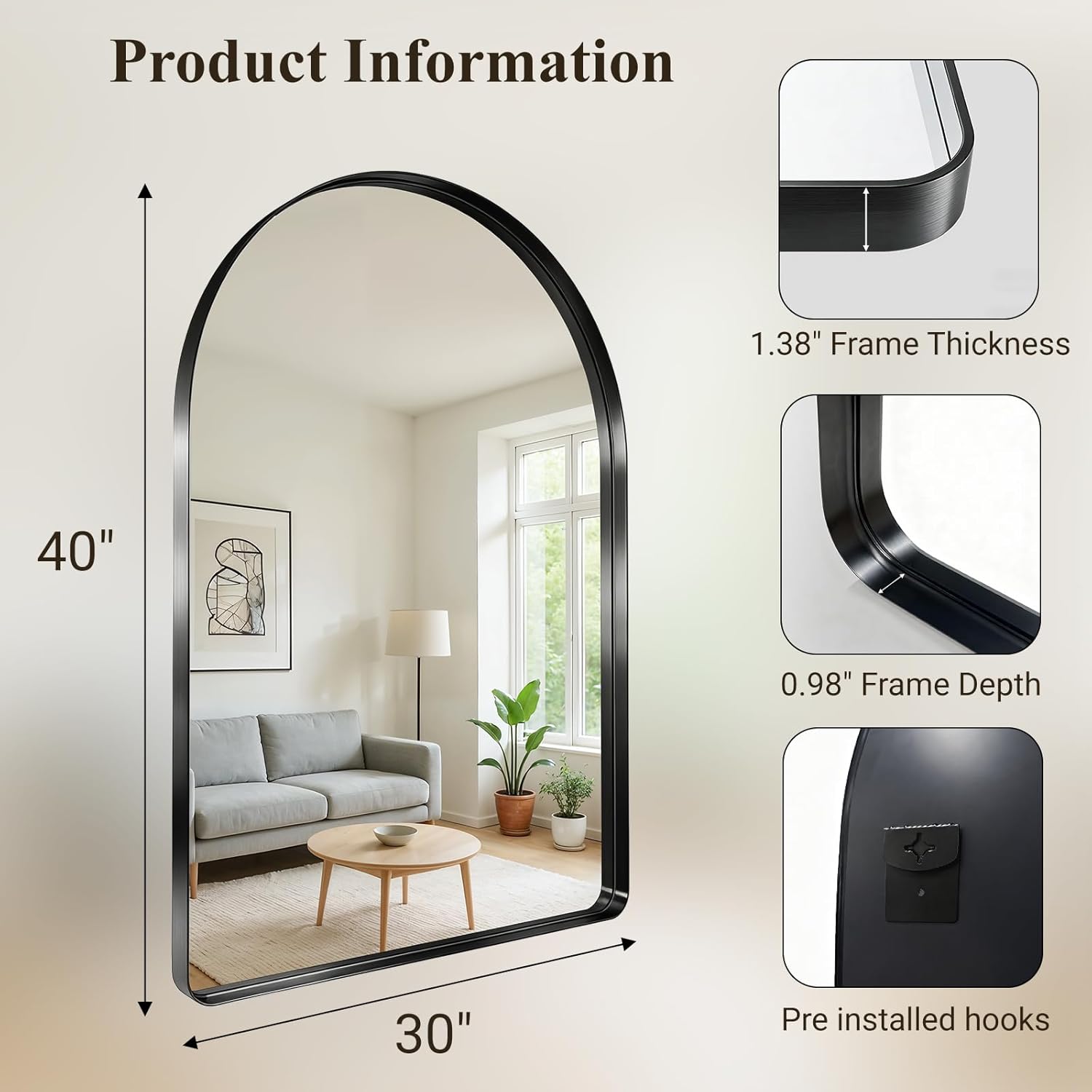 Arched Bathroom Mirror, 30"x40" Black Mirror for Wall Mounted Vanity Mirror for Over Sink with Tempered Glass, Aluminum Alloy Deep Frame, Farmhouse for Bedroom, Entryway, Living Room
