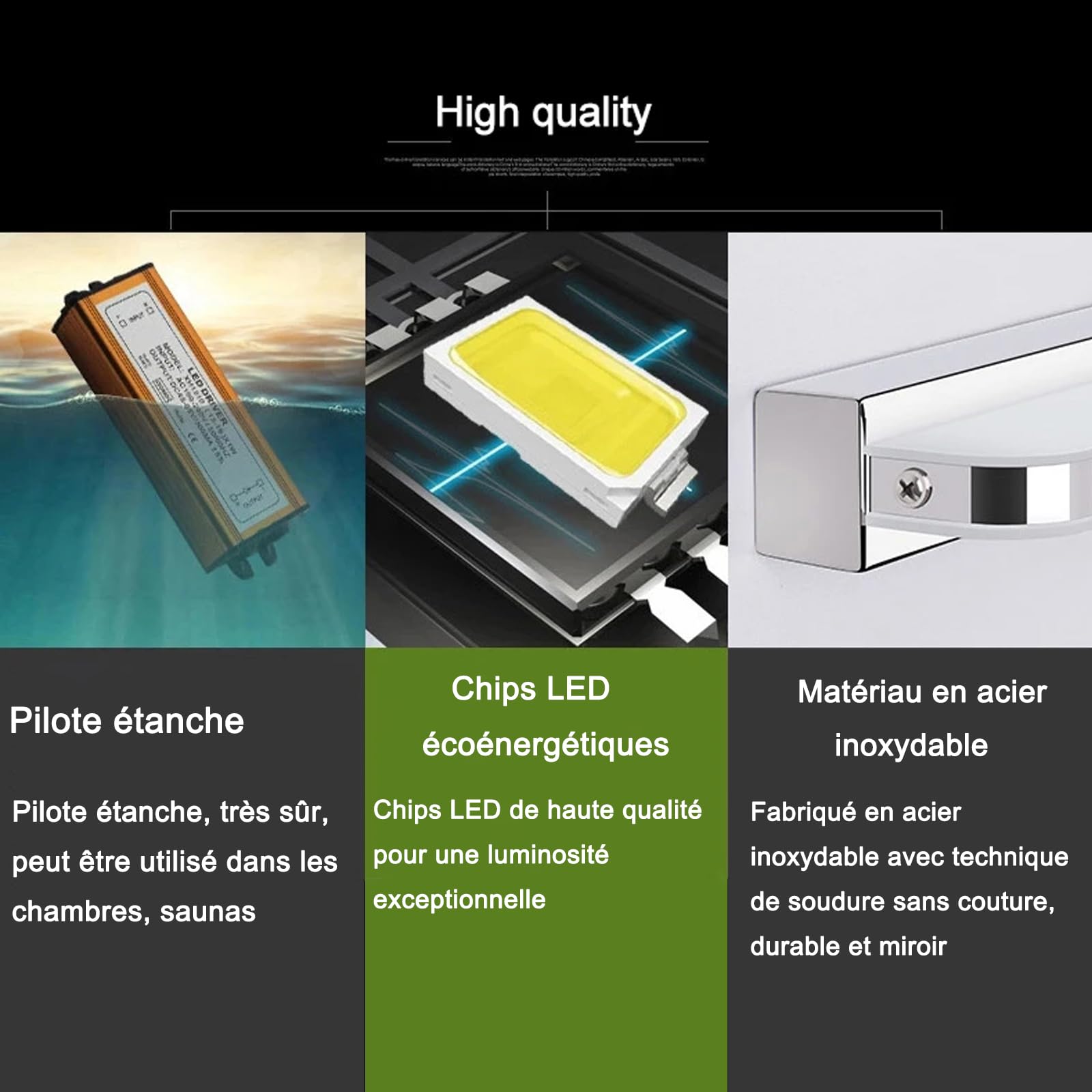 Lampe de miroir de salle de bain, murale, en acier inoxydable, 42 cm, 9 W, 230 V, blanc naturel, 4000 K, étanche IP44, blanc neutre