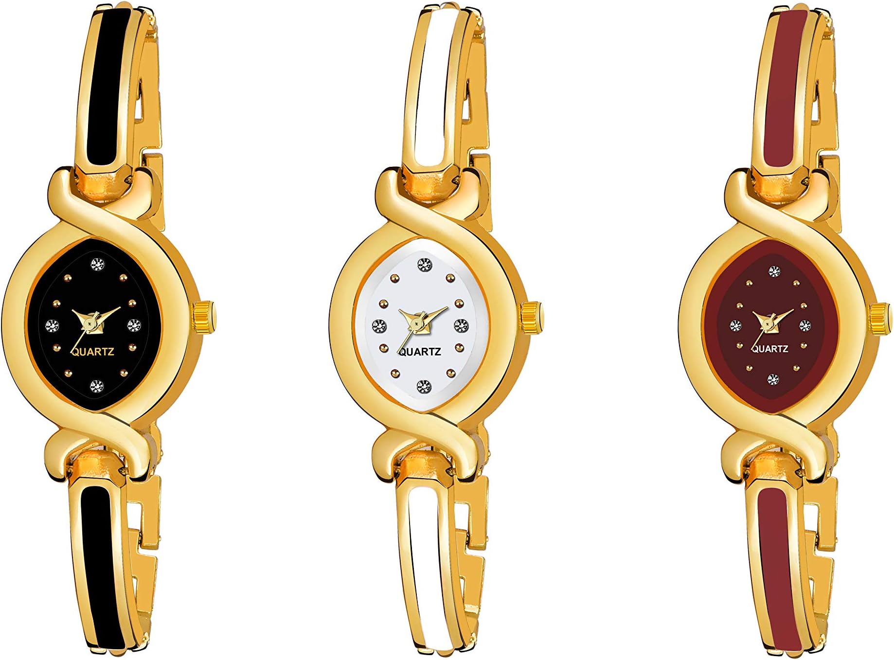 Combo Pack 3 White-Maroon-Black Dial Golden Bangle Watch Wrist Analog Watch - for Girls