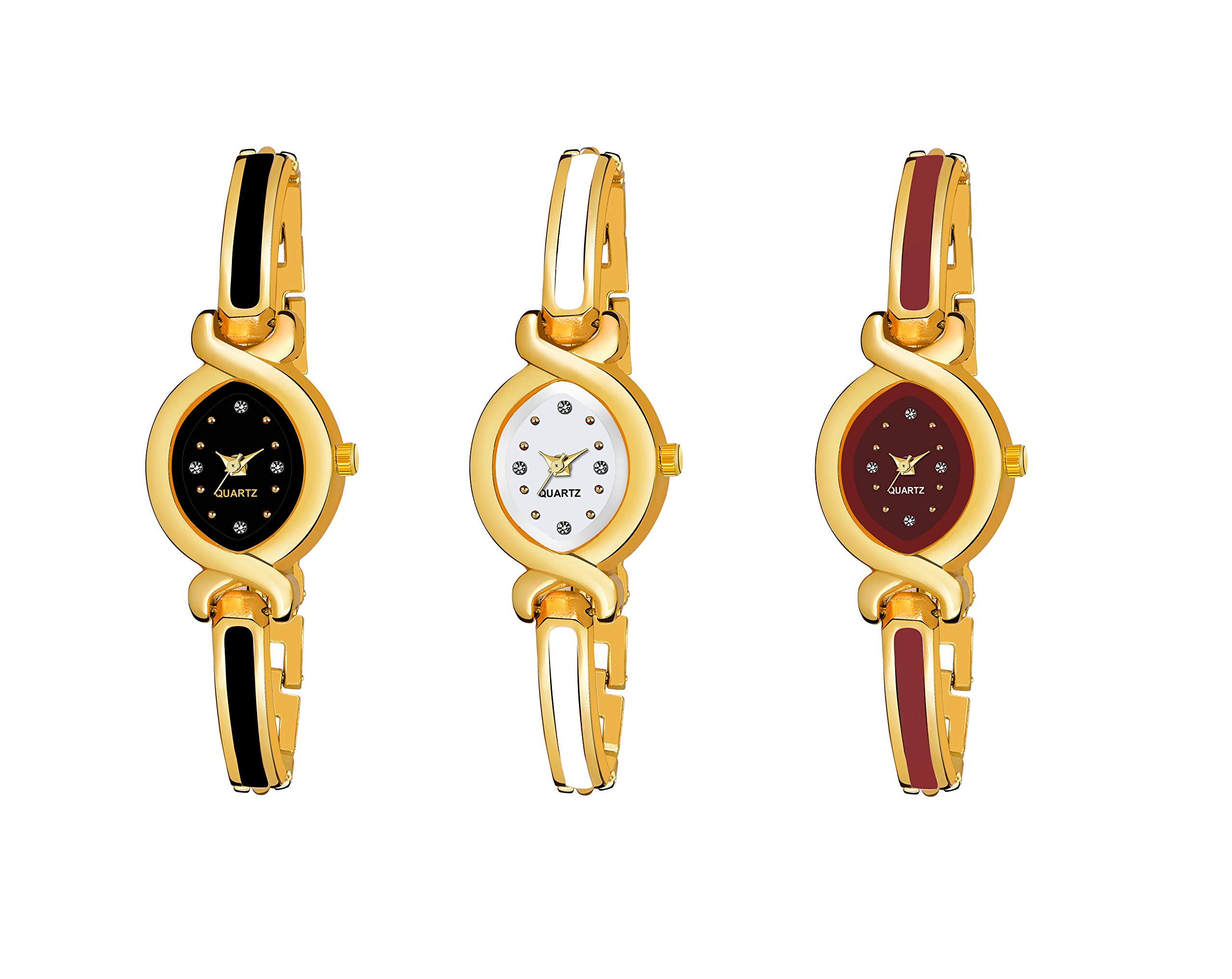 Combo Pack 3 White-Maroon-Black Dial Golden Bangle Watch Wrist Analog Watch - for Girls