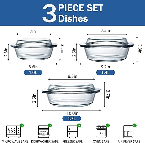 Miniatura 2 de NUTRIUPS Juego de cacerolas redondas de vidrio, cazuelas de vidrio con tapa, juego de 3 (1 L, 1.4 L, 1.7 L)