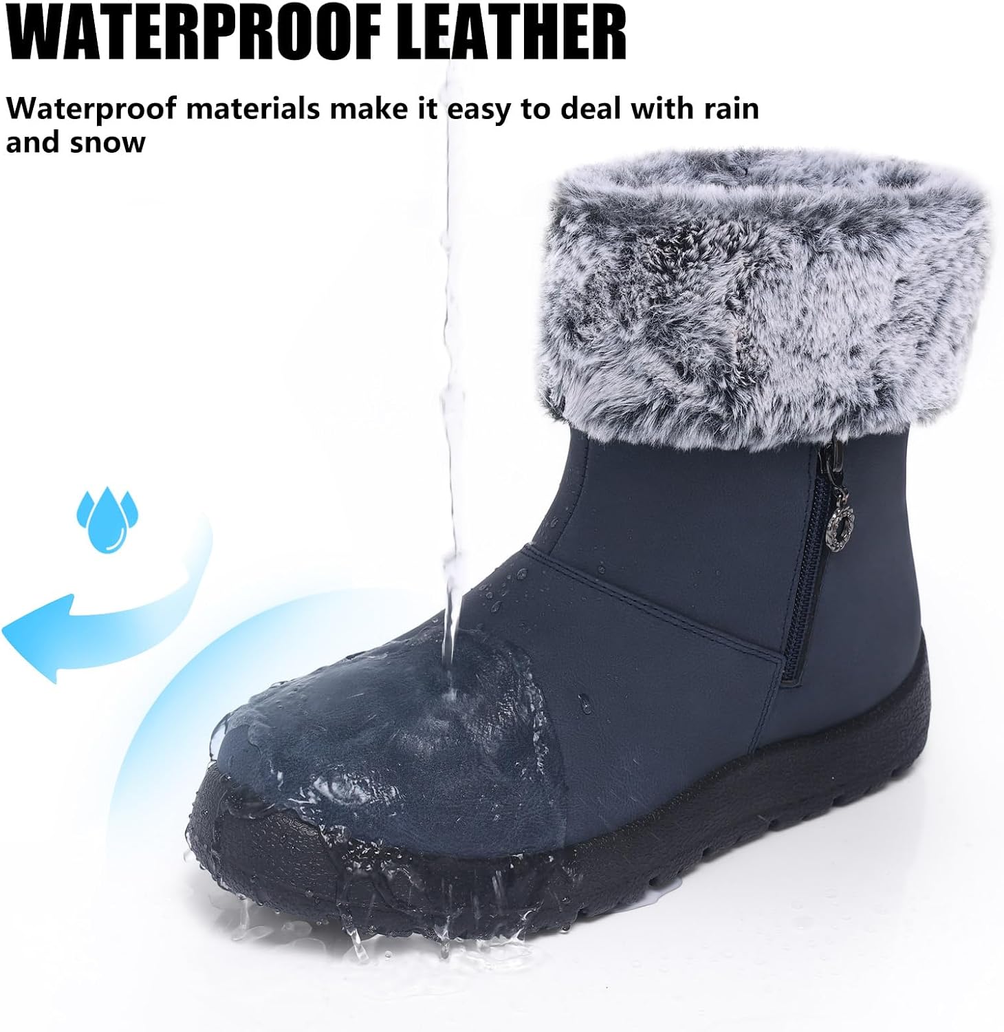 TEMOFON Winter Snow Boots Women: Waterproof Booties Blue Size 9 | Wide Width, Warm Fluffy Insulated, Casual Comfort Comfy Walking, Ankle Side Zipper Flat Short Booties