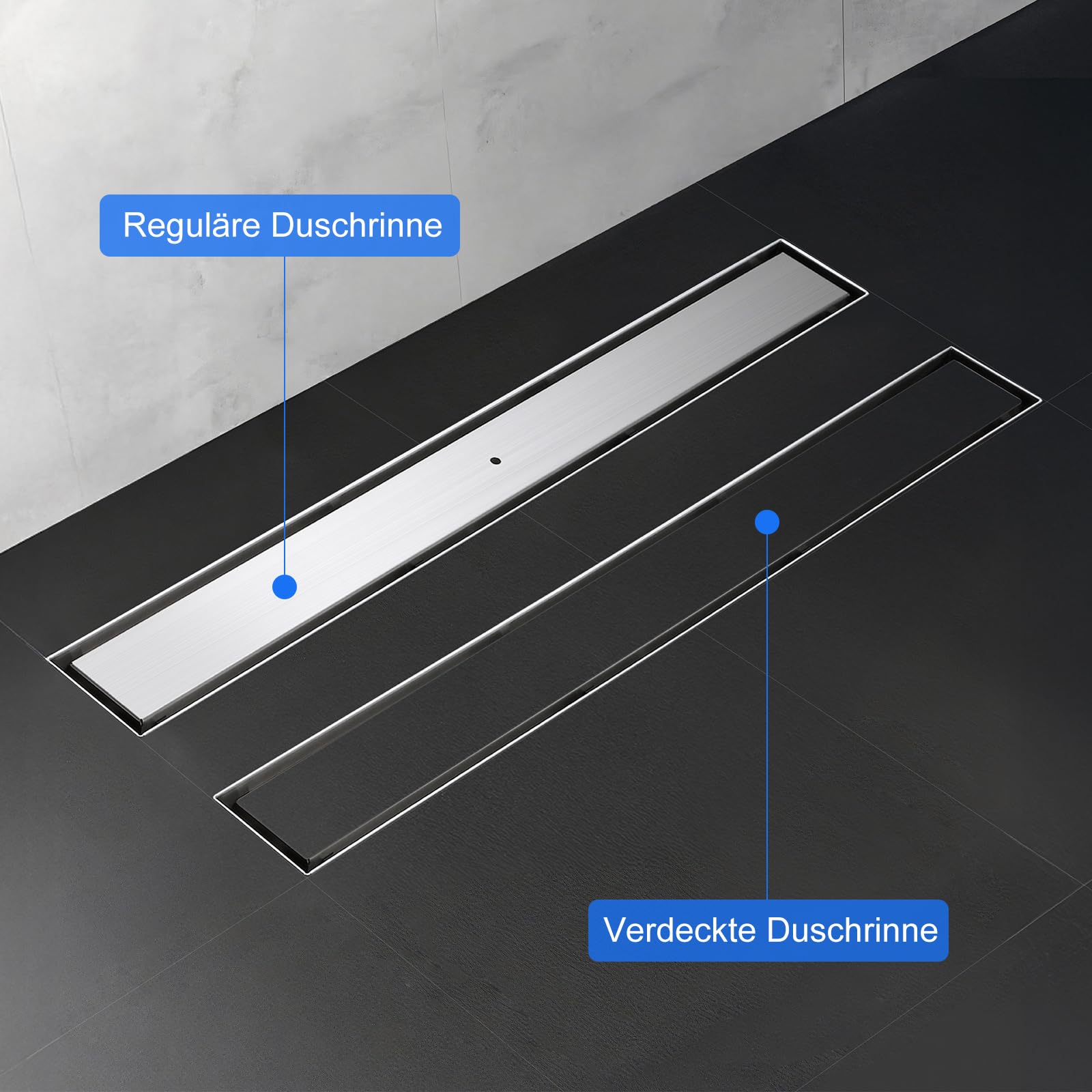 Duschrinne Befliesbar 80cm Gebürstet, 360° Siphon mit Geruchsstop und Haarsieb, 304 Edelstahl Ablaufrinne Bodenablauf Duschablauf sehr Flach DN50 DN40